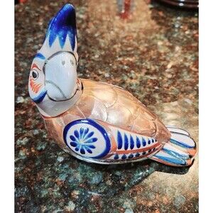 Tonala Mexico Porcelain Brass Cockatoo Bird Folk Art Figurine Bustamante